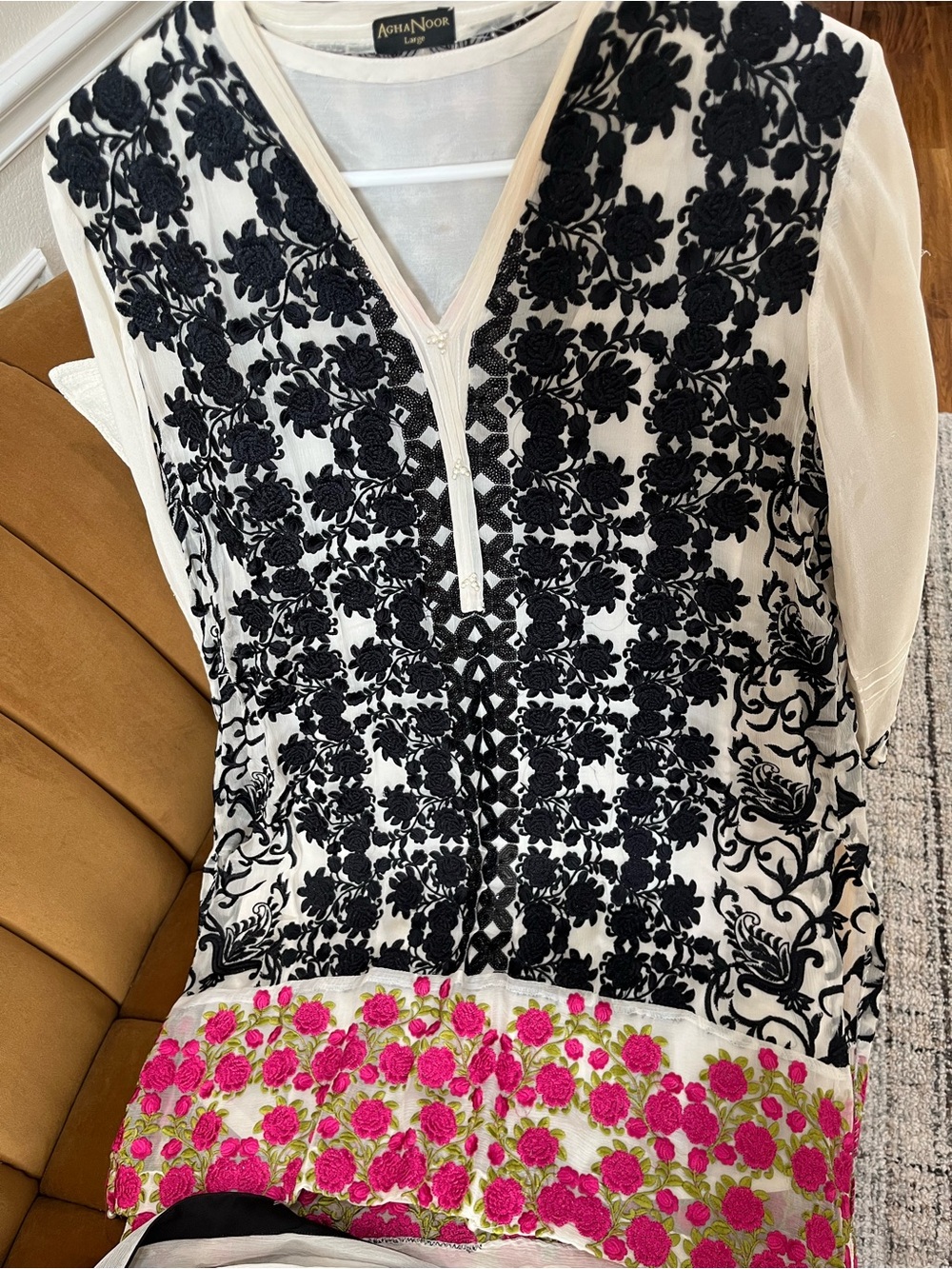 Agha Noor White Embroidered V-Neck Dress with Black & Pink Floral Accents